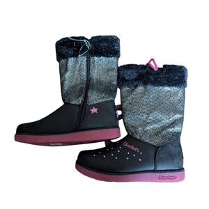 Skechers Girls Black Winter Boots w/ Rhinestones & Faux Fur, Size 4